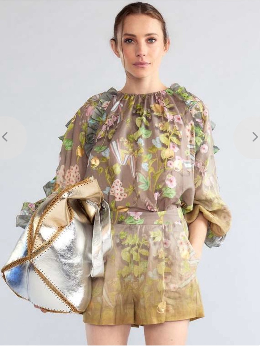 NWOT Cynthia Rowley Designer Dawn Blouse Large Floral Ruffle Gold Foil ~$345 - Picture 2 of 15